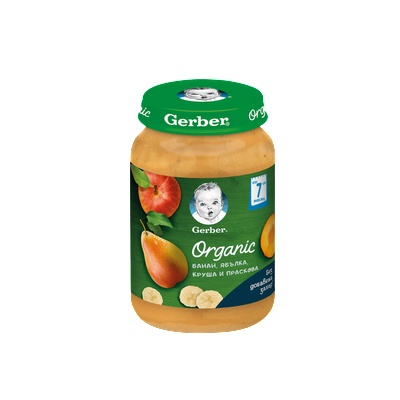 Gerber - Пюре Organic ябълка, банан, круша, праскова 7 месец 190 гр