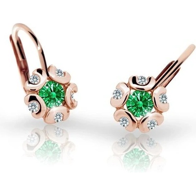 Danfil dětské náušnice kytičky C2178 z růžového zlata s kamínkem Emerald Green zapínání klapka