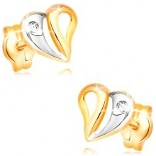 Šperky eshop náušnice v žltom a bielom zlate dvojfarebné srdce s výrezmi a zirkónom GG33.16