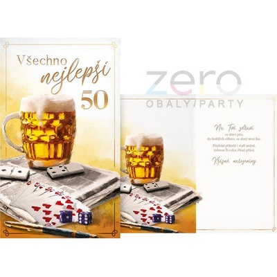 Přání s textem narozeninové 50 + obálka - pivo