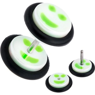 Šperky eshop fake plug do ucha z akrylu bílozelený smajlík AA42.19