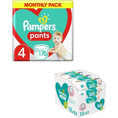 Pampers Пелени гащи Pampers Pants - Размер 4, 176 броя + мокри кърпички Sensitive, 12 x 52 броя (TYBB0066135N)