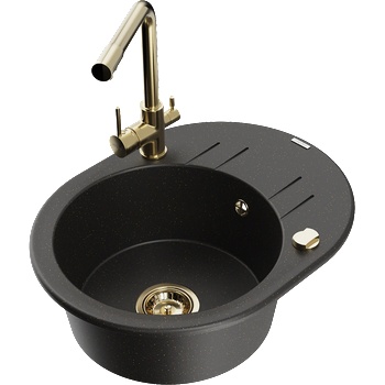 Mexen Kevin еднокоморна мивка от гранит с отцедник и кухненски смесител Duero, черен/златист металик - 6517-75-671600-50 (6517-75-671600-50)