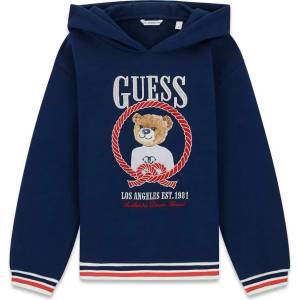 GUESS Тъмно син суичър с качулка и червени детайли и цветно мече Guess