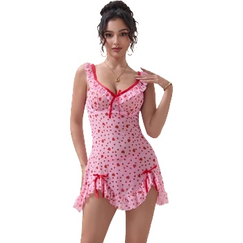 Sexy Elephant® Pink Heart Printed Mesh Ruffled Sexy Nightdress 2XL