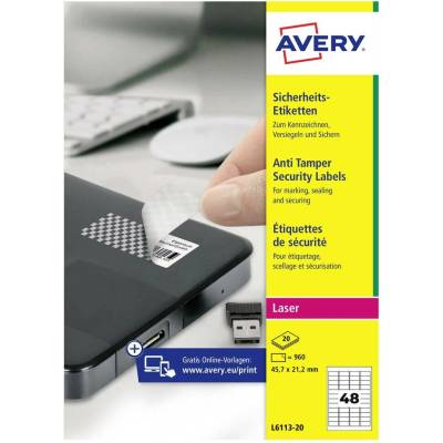 Avery-Zweckform L6113-20 45.7 x 21.2 mm prehľad produktov fólie biela 960 ks trvalé bezpečnostné štítky laser, kópie; L6113-20