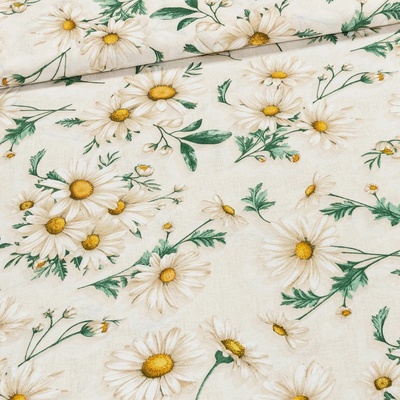Směsové plátno 513030 GARONA MENTA, kopretiny, mentolové na béžové, š.140cm (látka v metráži)