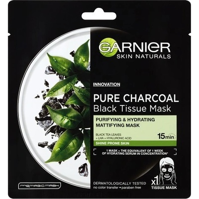 Garnier Black Tissue Mask Black Tea Textilná pleťová maska s aktívnym uhlím pre zmatnenie pleti 32 g