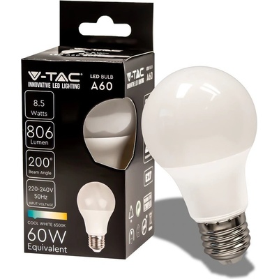 V-TAC LED žárovka E27 A60 8,5W, Studená bílá 6000 6500K