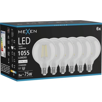 Mexen Vintis 6x LED филаментна крушка E27, G95, 8W, неутрална - 4000K, 1055 lm, прозрачна (L157-E27-0840-00x06)