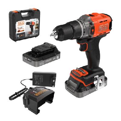 Акумулаторна ударна бормашина/винтоверт BLACK+DECKER POWERCONNECT с 2 x 2.0Ah батерии, 1A зарядно устройство и куфар BCD383D2XK (BCD383D2XK)