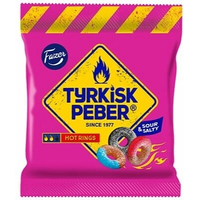 Fazer Tyrkisk Peber Hot Rings pálivé a kyselé lékořicové bonbóny ve tvaru kruhu 150 g