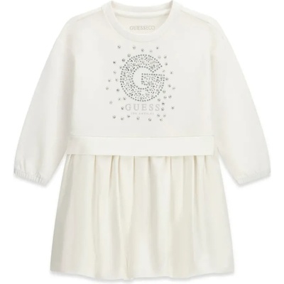 Guess Комбинирана рокля Guess за мини момиче в мръсно бял цвят с кристали и G отпред