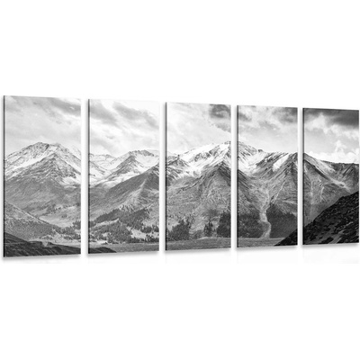 5-dílný obraz nádherná horská panorama v černobílém provedení - 200x100