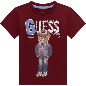 GUESS Тениска за мини момче с къс ръкав в цвят бордо с мече и надпис Guess
