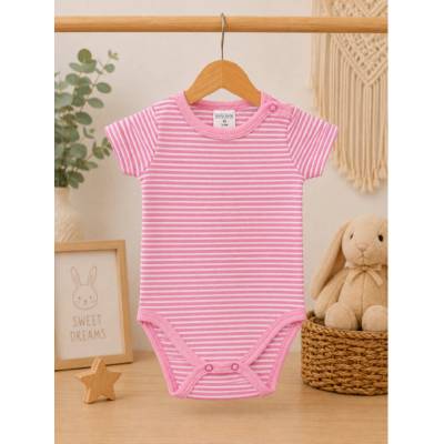 Fashionkids Ružové pásikavé dojčenské body s krátkym rukávom Ružová
