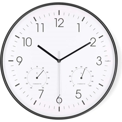 Nedis CLWA4226BK стенен часовник, диаметър 30 cm, пластмаса, безшумен механизъм: часовник, термометър, индикатор за влажност (CLWA4226BK)
