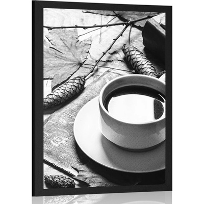 Plakát šálek kávy v podzimním nádechu v černobílém provedení - 20x30 white