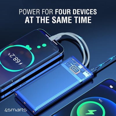 4smarts Външна батерия с вградени USB-C и Lightning кабели, USB-A и USB-C изходи с технология за бързо зареждане - 4smarts Power Bank Lucid Dual Cord 10000 mAh 22.5W (сив) (540209)