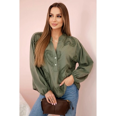 Fashionweek bavlněná košilová halenka se srdíčky K3145 khaki