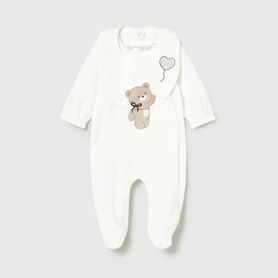 Mayoral Комплект гащеризон дълъг и лигавник в цвят мръснобяло за новородено момиче с мече Mayoral