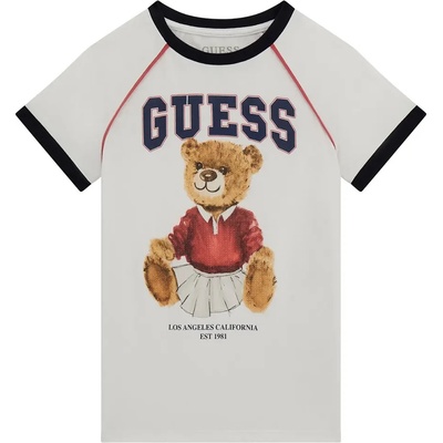 GUESS Тениска за момиче в бяло с черни детайли и цветно мече отпред Guess