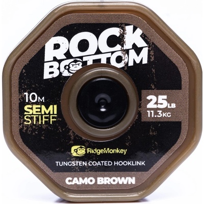 RidgeMonkey šňůra RM-Tec Rock Bottom Tungsten Coated Semi Stiff 25lbs 10m Camo Brown