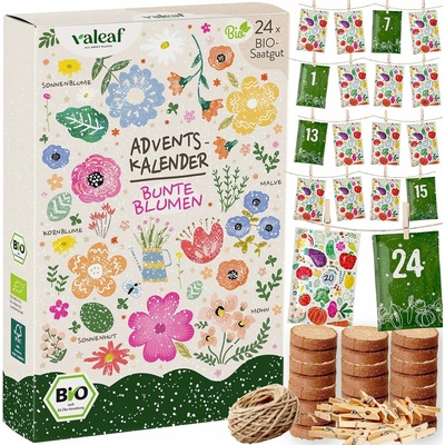 Valeaf Adventný kalendár Bio farebné kvety – 24 semienok kvetov s kokosovými tabletami