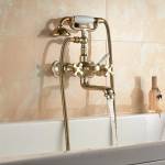 Inter Ceramic Стенен смесител за вана и душ Сахара 606086, месинг, златен, с душ и шлаух, 21.3x30.2см (606086)