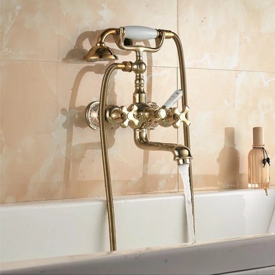 Inter Ceramic Стенен смесител за вана и душ Сахара 606086, месинг, златен, с душ и шлаух, 21.3x30.2см (606086)