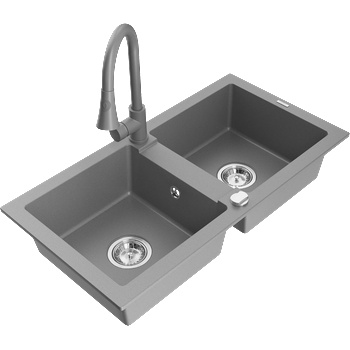 Mexen Mario кухненска мивка от гранит с 2 отделения и кухненски смесител Elia, сив - 6504-71-670101-71 (6504-71-670101-71)