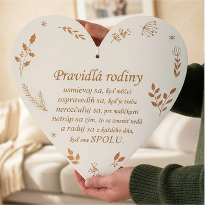 LYMFY | Dřevěná tabulka srdíčko 35cm-Pravidla rodiny NA MÍRU | přírodní dřevo