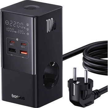 Baseus PowerCombo Power Strip 100W - разклонител с 3 изход и вградени 2xUSB-A, 2xUSB-C изхода за мобилни устройства (черен)