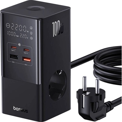 Baseus PowerCombo Power Strip 100W - разклонител с 3 изход и вградени 2xUSB-A, 2xUSB-C изхода за мобилни устройства (черен)