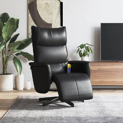 Масажен реклайнер стол с опора за крака, черен, изкуствена кожа