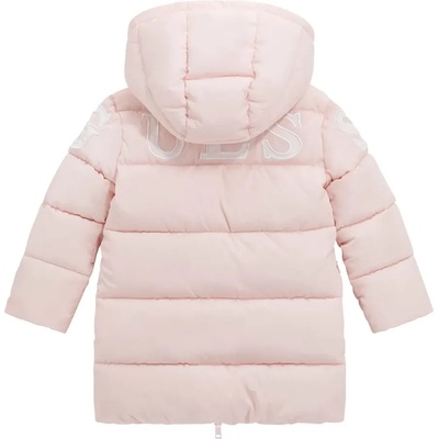GUESS Дълго зимно яке за мини момиче в бледо розов цвят с голям бял надпис Guess на гърба