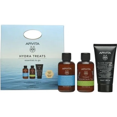 APIVITA Промо сет шампоан + душ гел + почистващ гел за лице, Apivita Hydra Treats Essentials To Go Mini Moisturizing Shampoo 75ml, Tonic Mountain Tea Shower Gel 75ml and Black Cleansing Gel 50ml