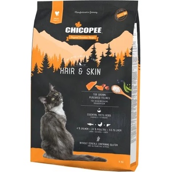 Chicopee Chicopee Holistic Nature Line Hair Skin - пълноценна храна за пораснали котки от всички породи, над 1 година, БЕЗ ЗЪРНО, за здрава кожа и красива козина, със сьомга, птици и черен дроб, 8 кг