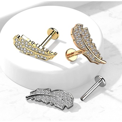 Šperky eshop ocelový retní a bradový labret lístek s čirým zirkonem vnitřní závit W46.29 zlatá