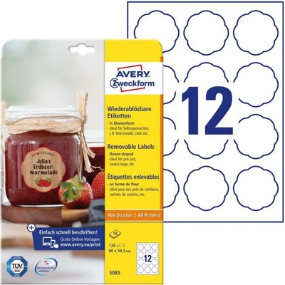 Etikety v tvare kvetu 60x59,5mm Avery 10 hárkov biele