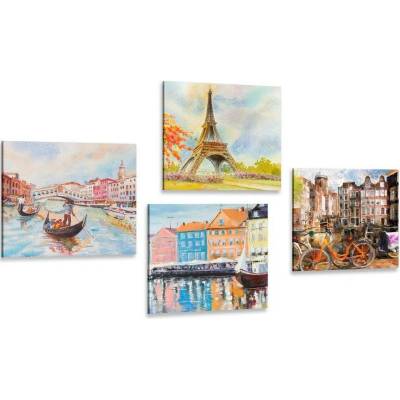 Set obrazů malované města v pastelových barvách - 4x 40x40