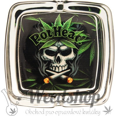 WeedShop Sklenený hranatý popolník Cannabis Skull Cannabis Skull