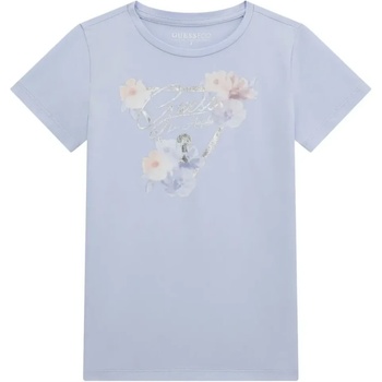 GUESS Бледо синя тениска с къс ръкав за момиче със сребристо лого и цветя Guess