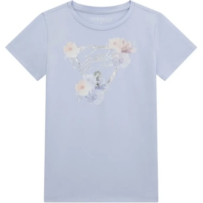 GUESS Бледо синя тениска с къс ръкав за момиче със сребристо лого и цветя Guess