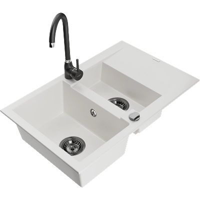 Mexen Gaspar гранитна мивка 1, 5-коморна с отцедник и кухненски смесител Telma, бял - 6507-20-670200-70 (6507-20-670200-70)