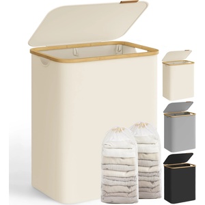 SONGMICS Laundry Basket with Lid, Laundry Hamper with 2 Compartments, 130L, Removable Laundry Bag, Oxford Fabric, Bamboo Handles, Foldable, 52 x 38.5 x 70.5 cm, Cream White LCB513W01 - LCB513W01V1 (LCB513W01V1