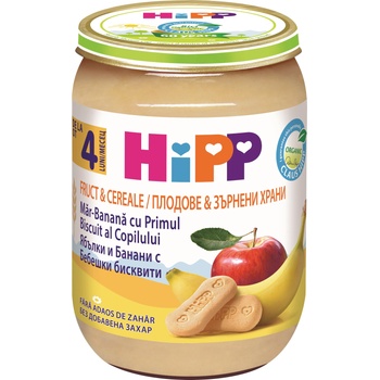 Hipp Био пълнозърнеста каша Hipp - Ябълка, банан и бисквитки, 4м+, 190 g (4710)