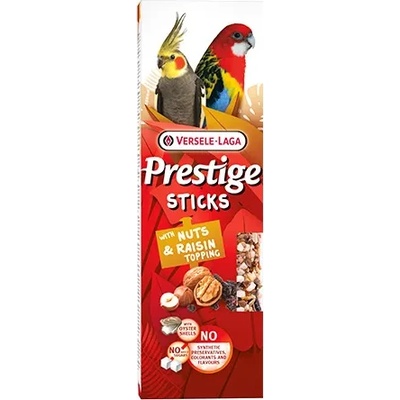Versele-Laga Prestige Sticks Big Parakeets with Nuts & Raisin topping -Лакомство за средни папагали - стикове с топинг от ядки и стафиди, 2х70гр