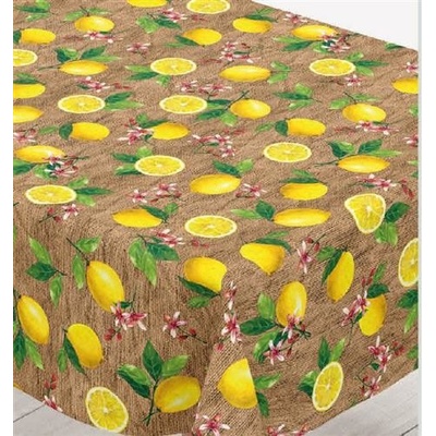Obrus PVC 196A, metráž, 20 m x 140 cm, citróny na hnedé vrecovine, IMPOL TRADE
