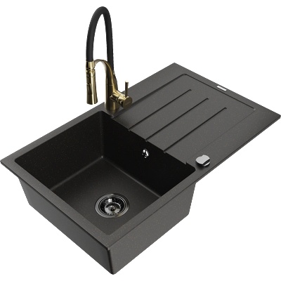Mexen Bruno еднокоморна гранитна мивка с дренаж и кухненски смесител Aster, черен/златен металик - 6513-75-73450-57-B (6513-75-73450-57-B)